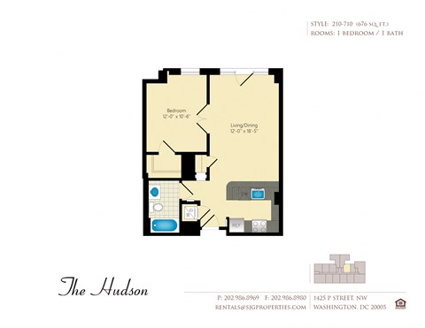 Floor plan for 1 bed, 1 bath, 676 sqft